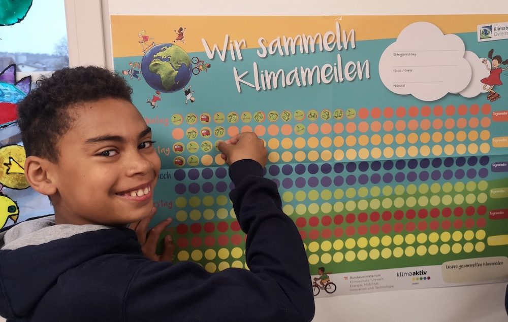 Zu Fuß in die Volkschule Pinsdorf gehen und Klimameilen sammeln